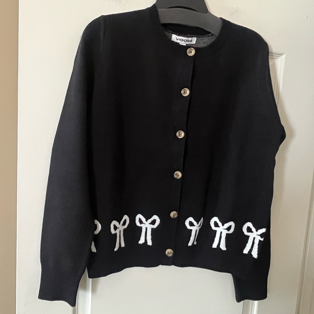 Vigoss Black Cardigan Sweater with White Bow Detail Mixed Media Women’s Size L - Picture 1 of 12